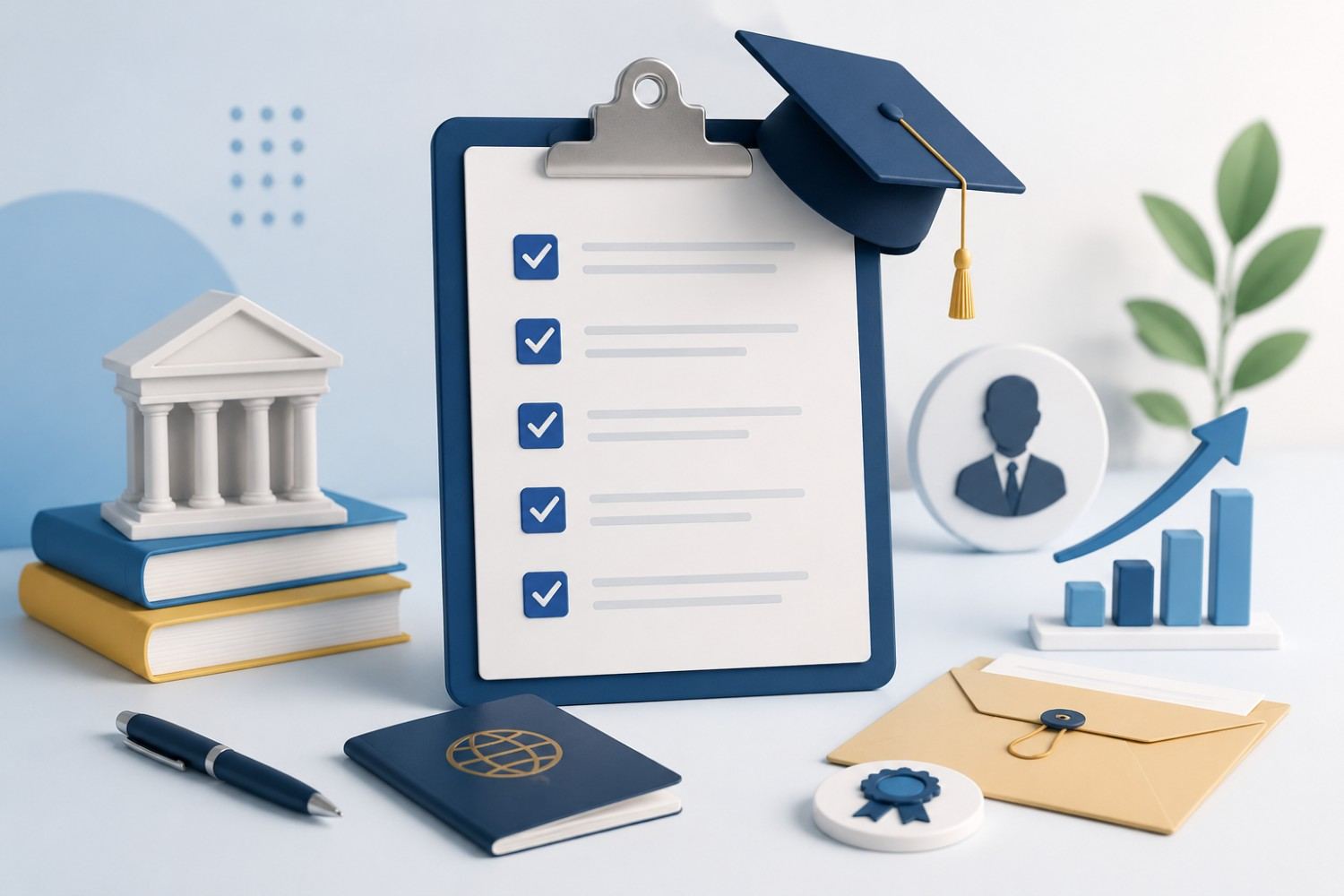 3D illustration of a university admission checklist with graduation cap, documents, books, passport, profile icon and growth chart representing EDHEC MSc Finance admission requirements and application process.